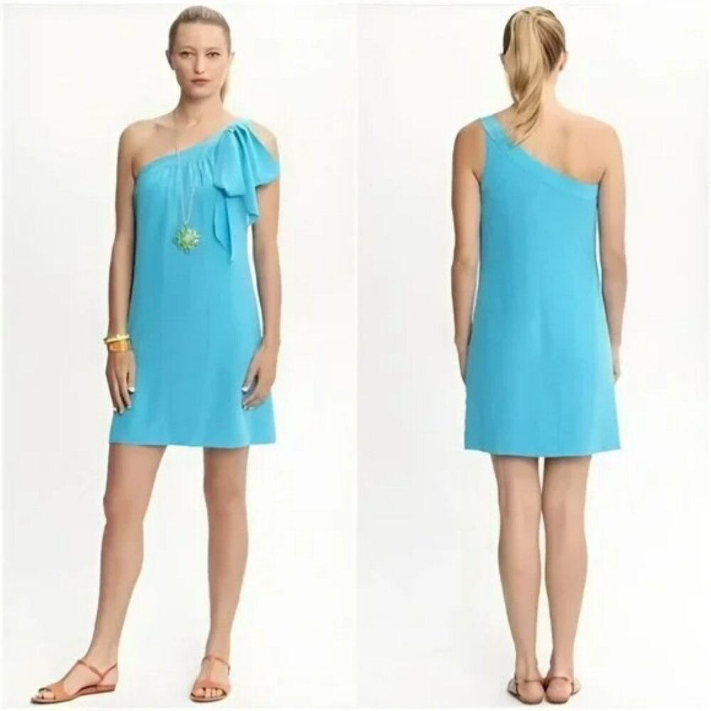 NWT Banana Republic Trina Turk Teal Aqua Blue Silk Shift Tunic Goddess Dress S 4